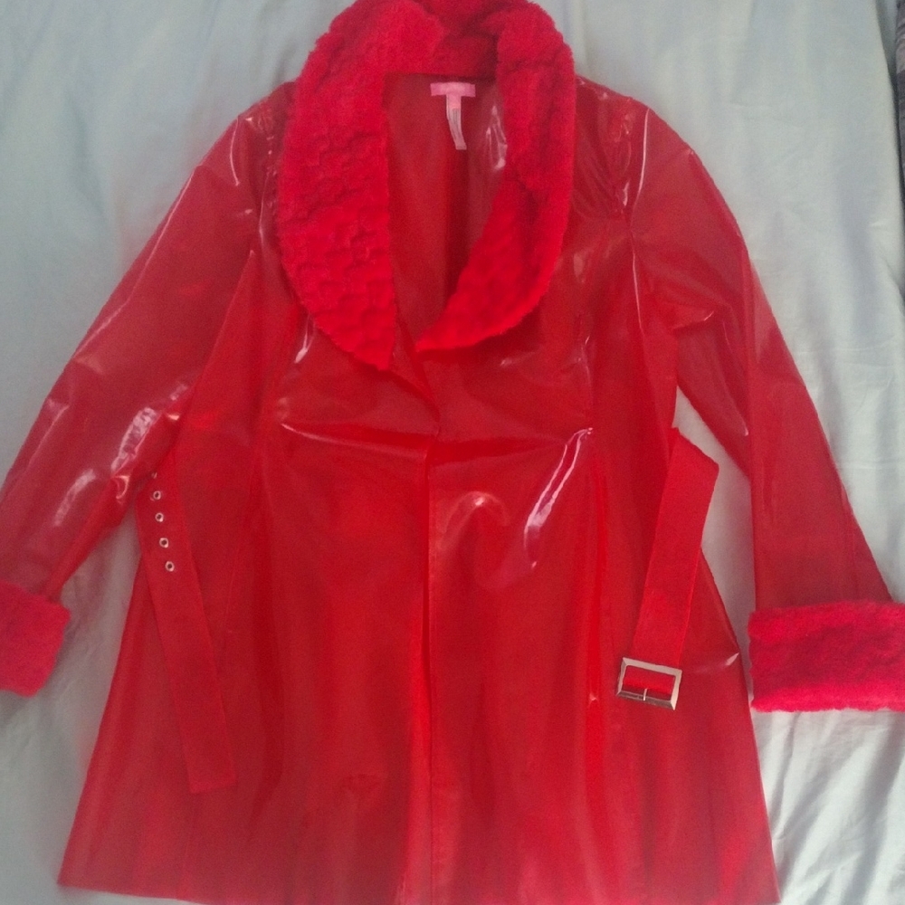 Sugar Thrillz Red Vinyl Coat with Faux Fur Trim
